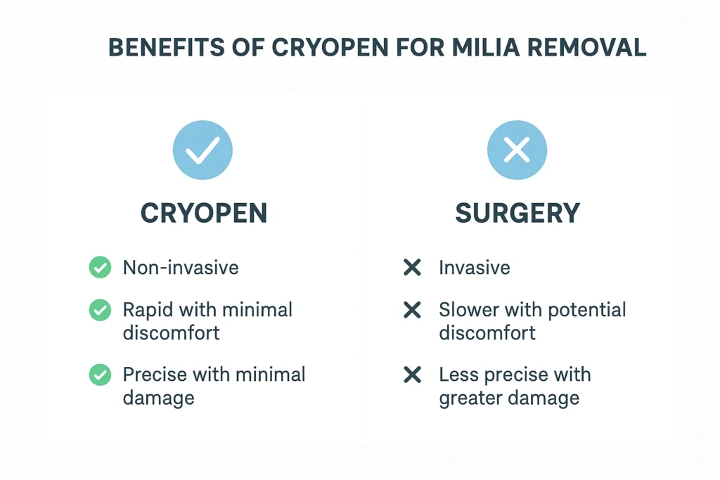 Benefits of cryopen for milia removal Kingston upon Thames compared to surgical treatments.