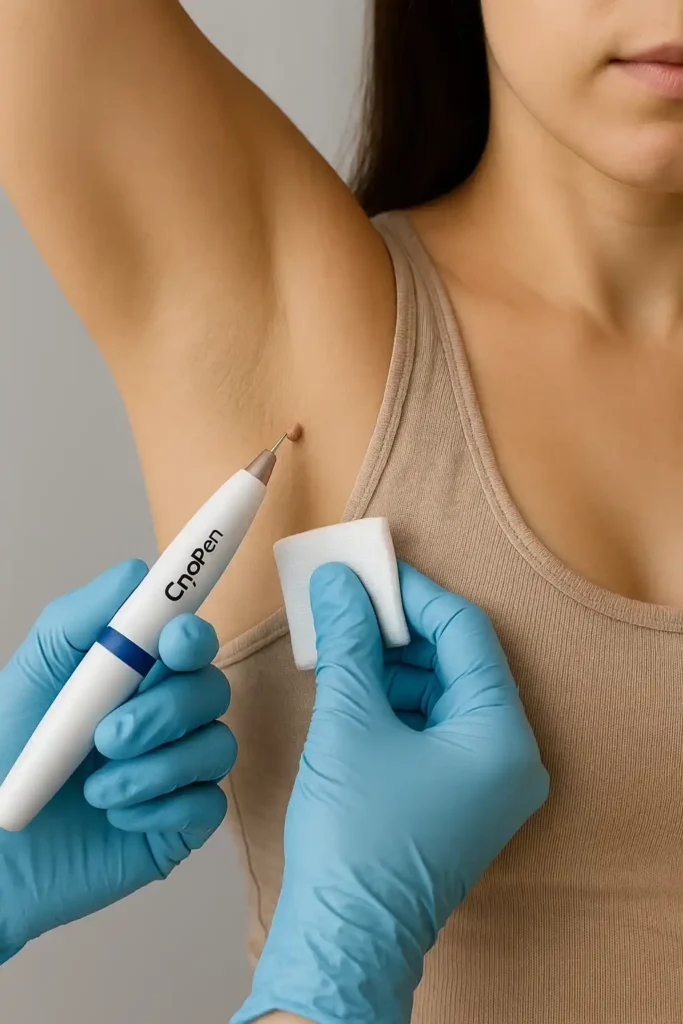 woman having cryopen to remove underarm skin tags Kingston upon Thames