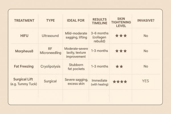 Table showing the comparisons of Skin tightening Kingston upon Thames treatment options. 